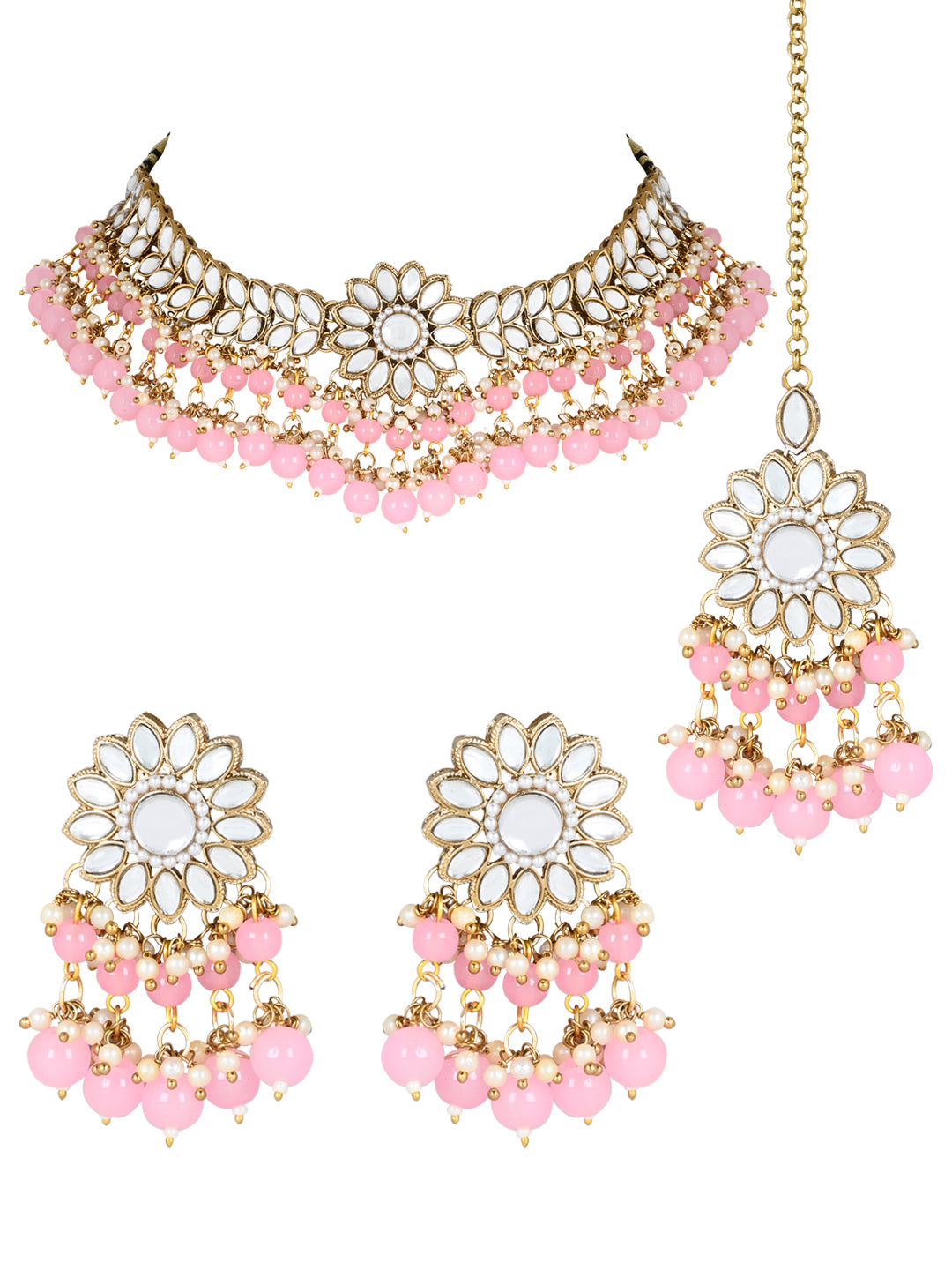Gold-Polished Traditional Kundan Studded Pink Pearl Hanging Choker Necklace Jewellery Set With Earrings & Maang Tikka For Women & Girls - Wahe Jewels - Swadesiicart
