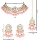Gold-Polished Traditional Kundan Studded Pink Pearl Hanging Choker Necklace Jewellery Set With Earrings & Maang Tikka For Women & Girls - Wahe Jewels - Swadesiicart