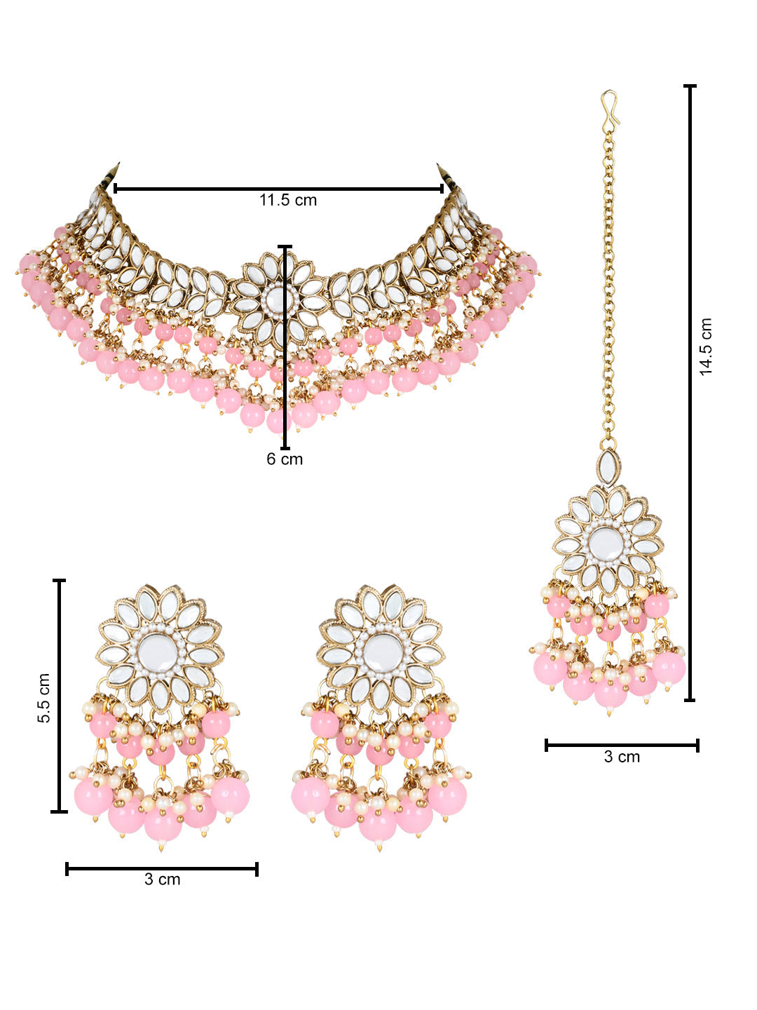 Gold-Polished Traditional Kundan Studded Pink Pearl Hanging Choker Necklace Jewellery Set With Earrings & Maang Tikka For Women & Girls - Wahe Jewels - Swadesiicart
