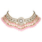 Gold-Polished Traditional Kundan Studded Pink Pearl Hanging Choker Necklace Jewellery Set With Earrings & Maang Tikka For Women & Girls - Wahe Jewels - Swadesiicart