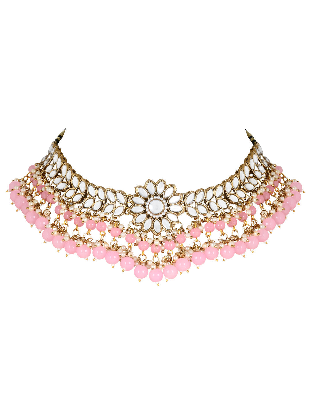 Gold-Polished Traditional Kundan Studded Pink Pearl Hanging Choker Necklace Jewellery Set With Earrings & Maang Tikka For Women & Girls - Wahe Jewels - Swadesiicart
