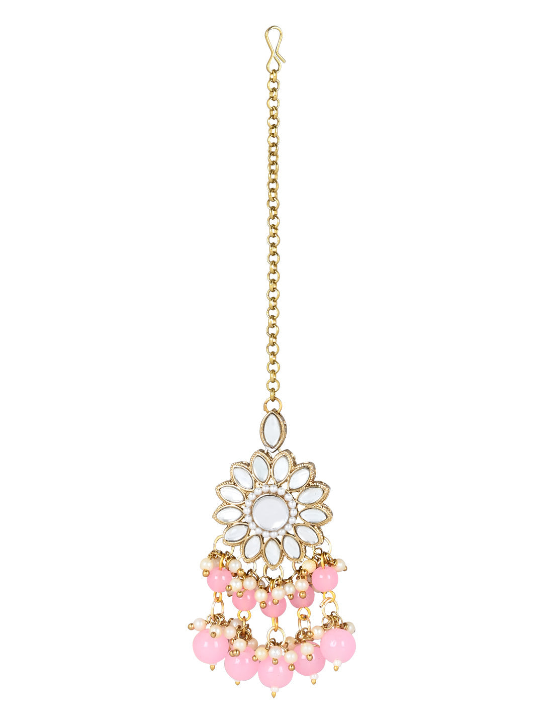 Gold-Polished Traditional Kundan Studded Pink Pearl Hanging Choker Necklace Jewellery Set With Earrings & Maang Tikka For Women & Girls - Wahe Jewels - Swadesiicart