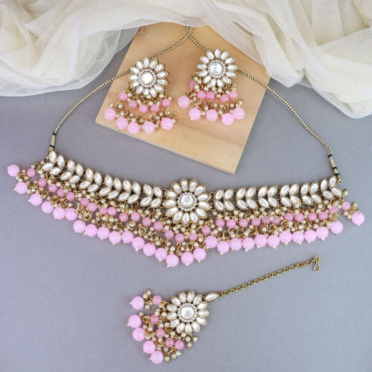 Gold-Polished Traditional Kundan Studded Pink Pearl Hanging Choker Necklace Jewellery Set With Earrings & Maang Tikka For Women & Girls - Wahe Jewels - Swadesiicart