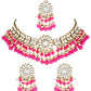 Gold-Polished Traditional Kundan Studded Pearl Hanging Choker Necklace Jewellery Set With Earrings & Maang Tikka For Women & Girls - Wahe Jewels - Swadesiicart