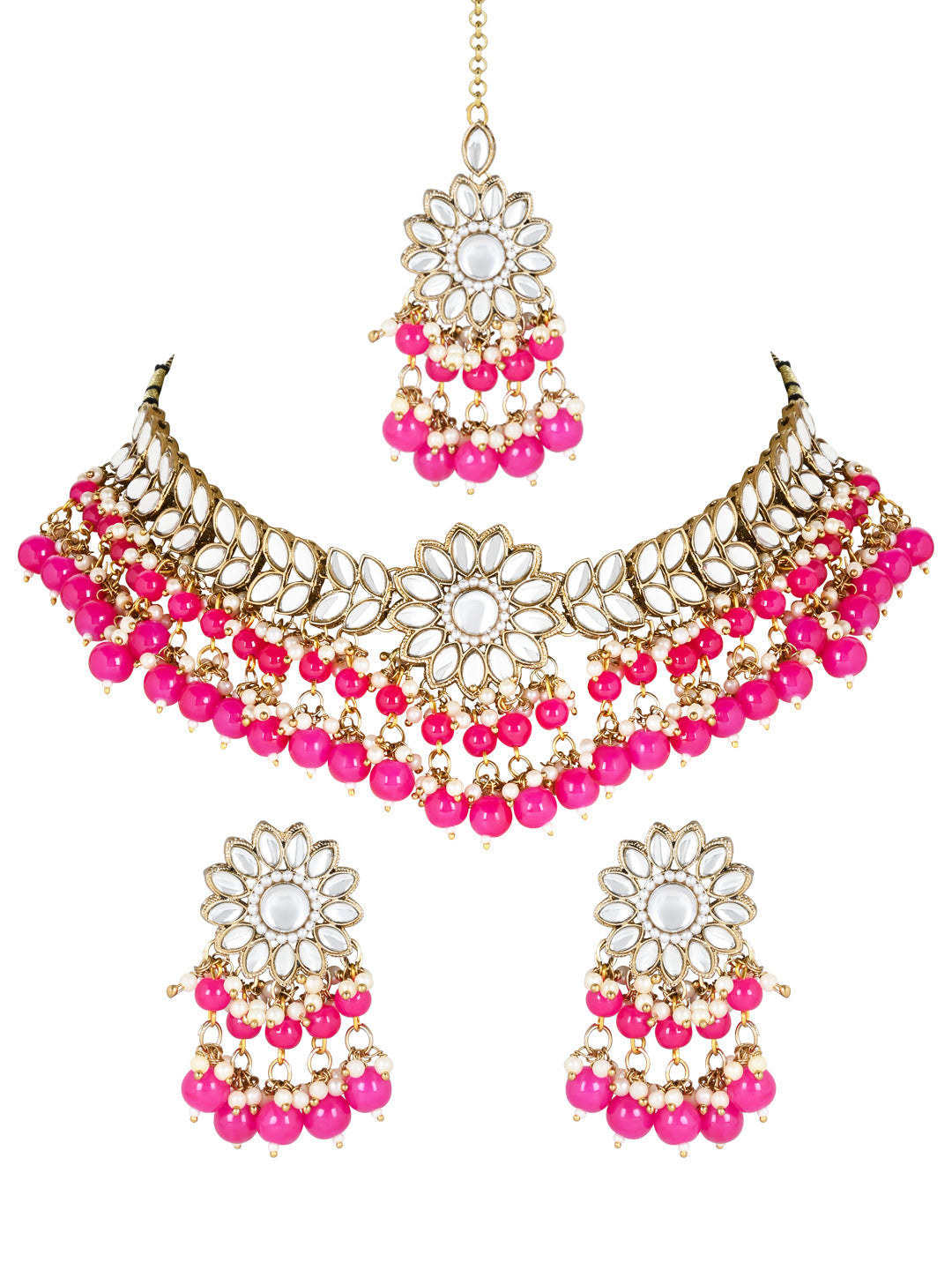Gold-Polished Traditional Kundan Studded Pearl Hanging Choker Necklace Jewellery Set With Earrings & Maang Tikka For Women & Girls - Wahe Jewels - Swadesiicart