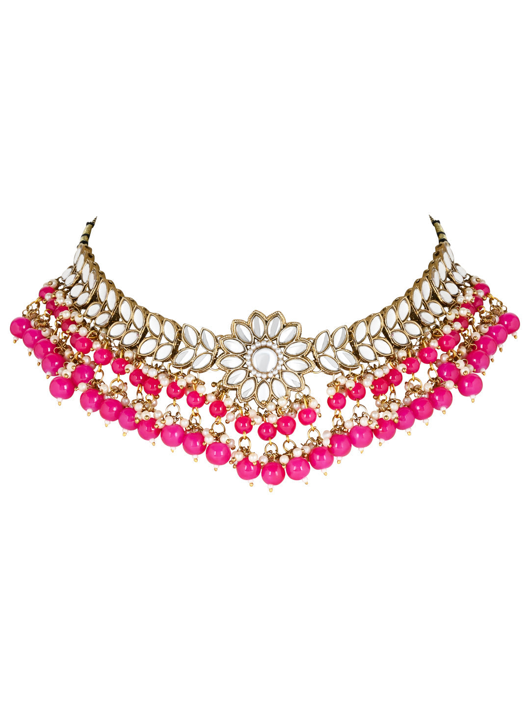 Gold-Polished Traditional Kundan Studded Pearl Hanging Choker Necklace Jewellery Set With Earrings & Maang Tikka For Women & Girls - Wahe Jewels - Swadesiicart