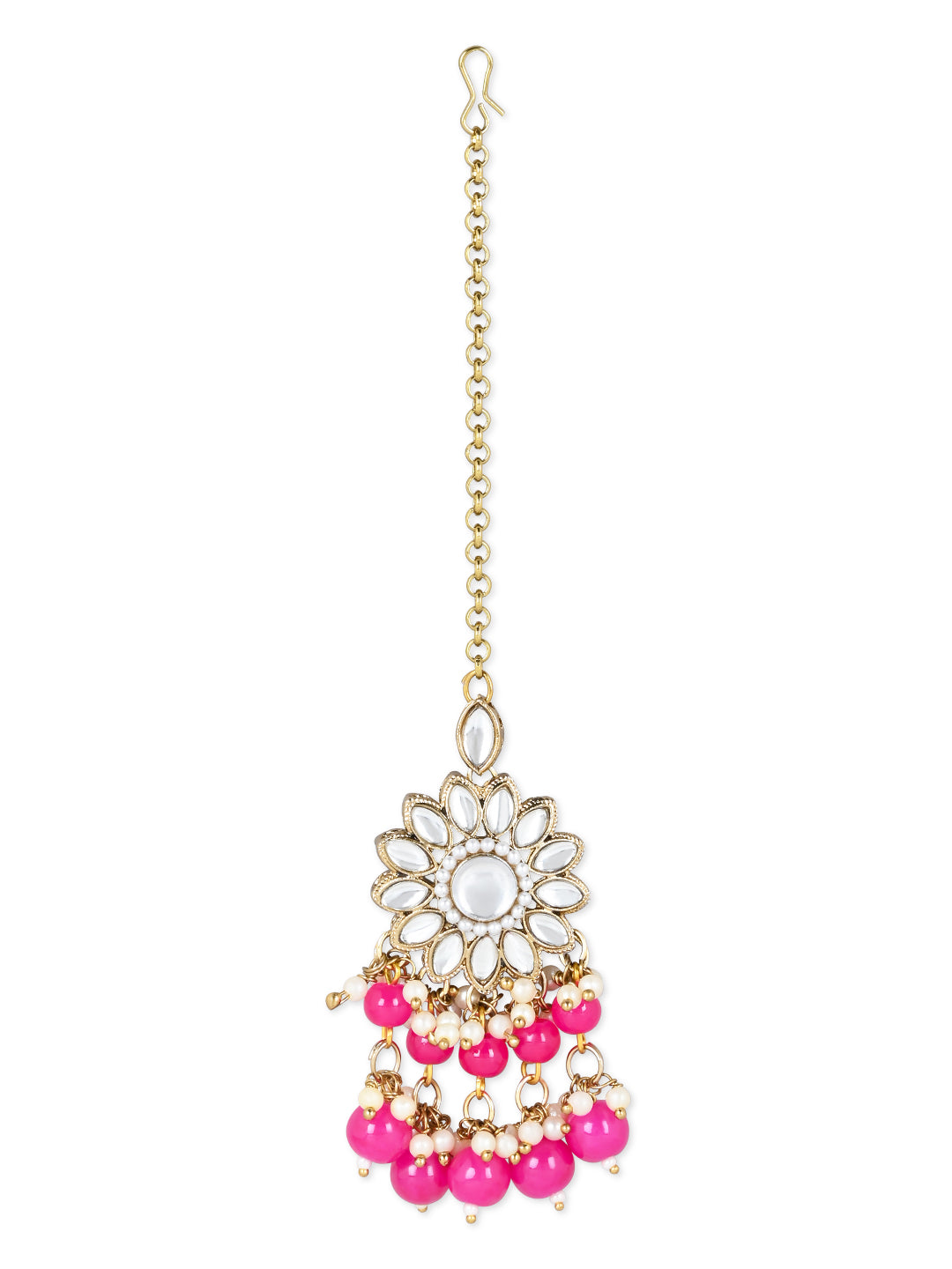 Gold-Polished Traditional Kundan Studded Pearl Hanging Choker Necklace Jewellery Set With Earrings & Maang Tikka For Women & Girls - Wahe Jewels - Swadesiicart