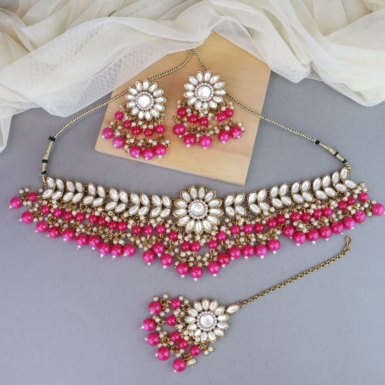 Gold-Polished Traditional Kundan Studded Pearl Hanging Choker Necklace Jewellery Set With Earrings & Maang Tikka For Women & Girls - Wahe Jewels - Swadesiicart