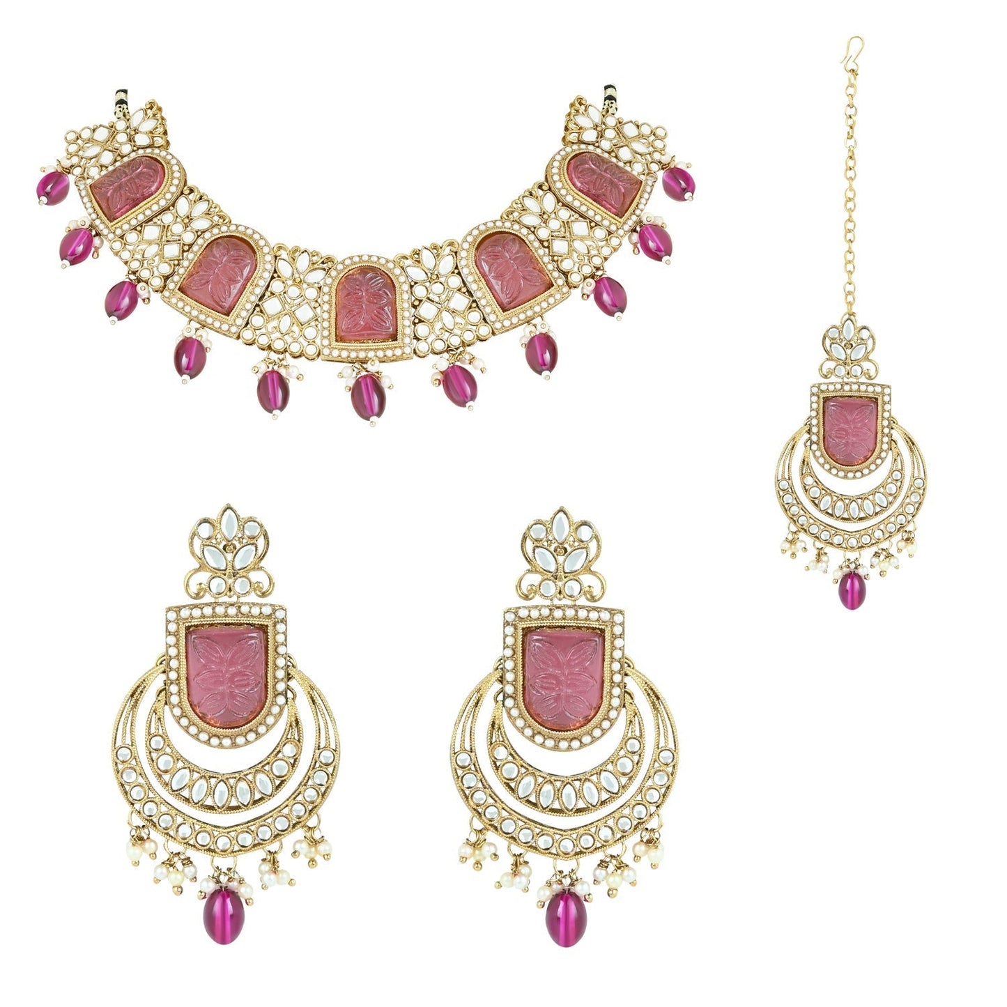 Gold-Polished Traditional Kundan Pearl Choker Necklace Jewellery Set For Women/Girls - Wahe Jewels - Swadesiicart