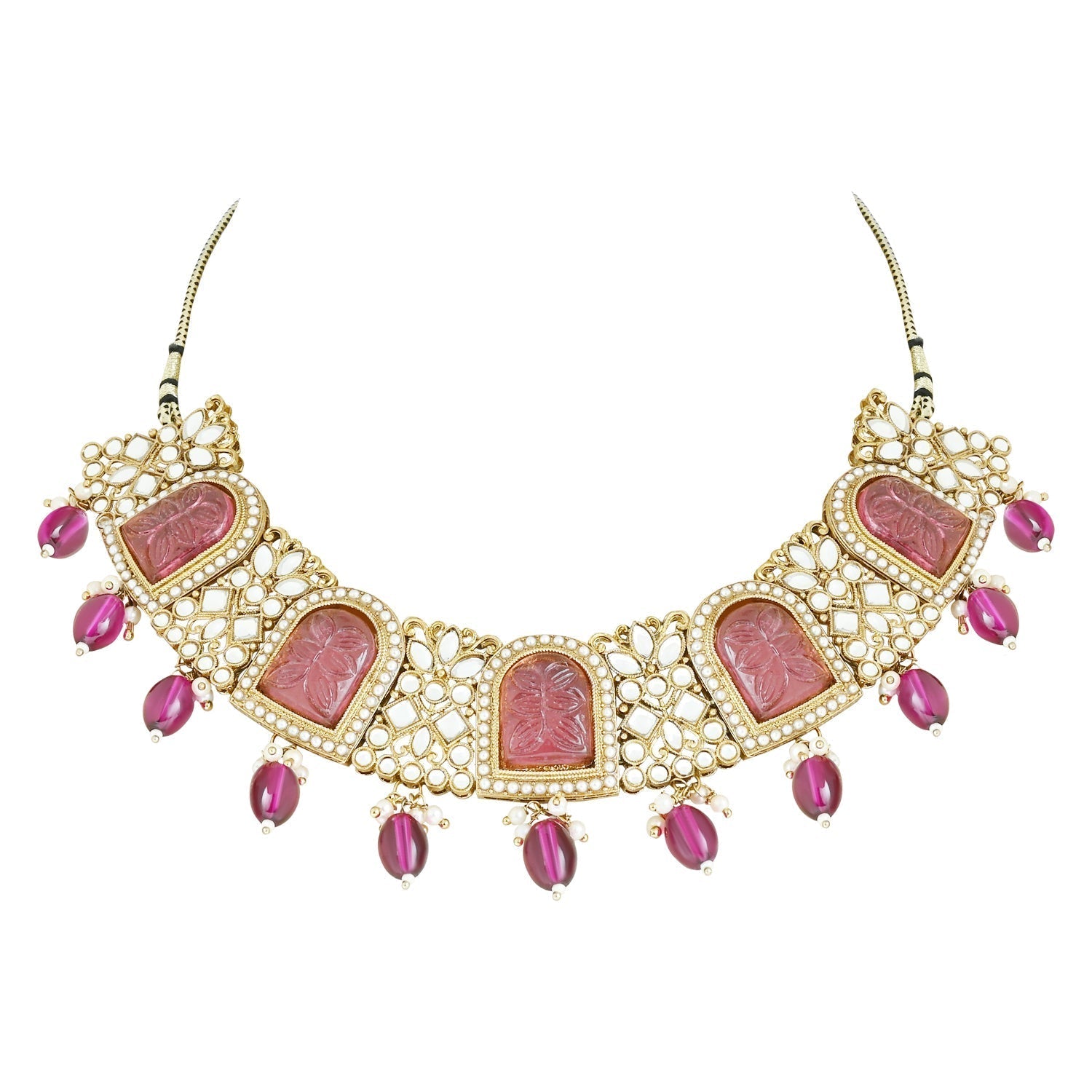 Gold-Polished Traditional Kundan Pearl Choker Necklace Jewellery Set For Women/Girls - Wahe Jewels - Swadesiicart