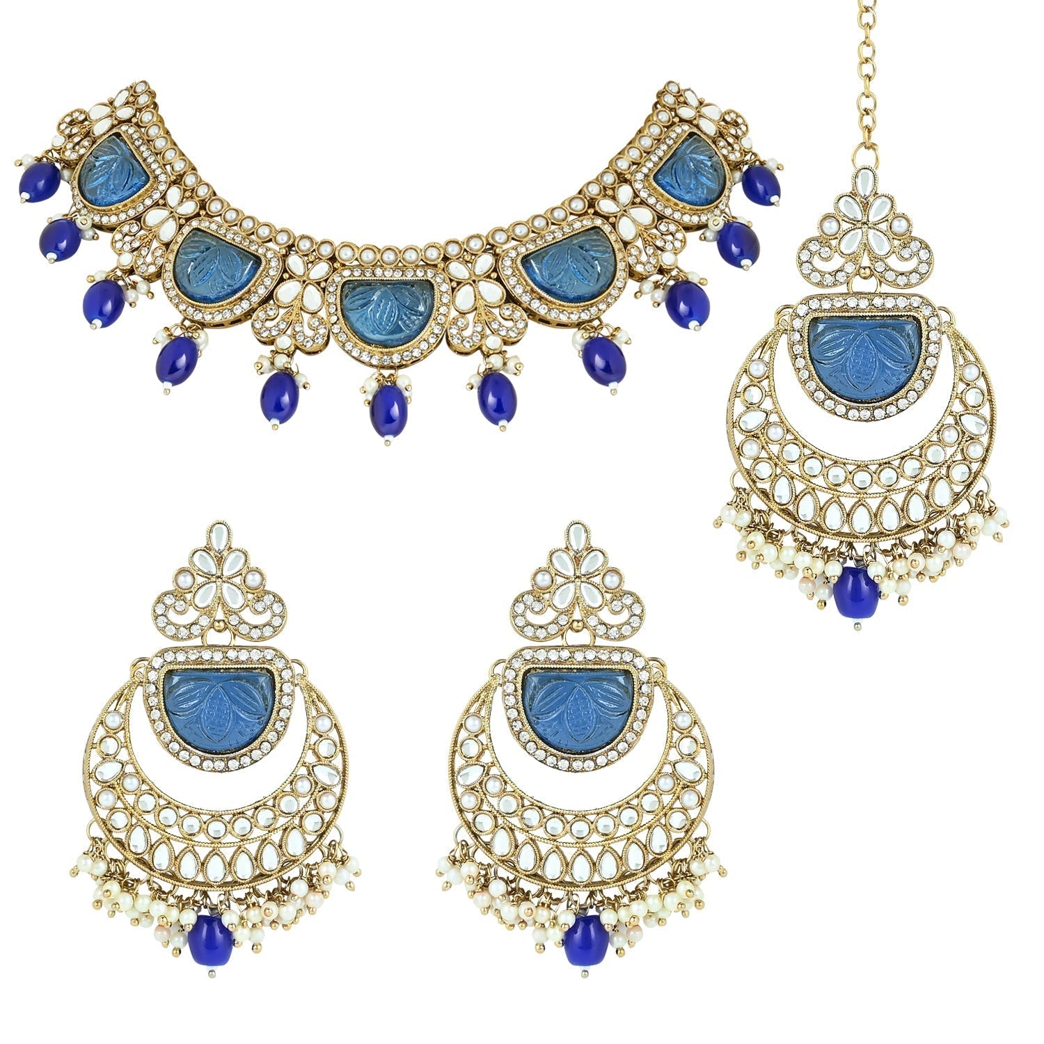 Gold-Polished Traditional Pearl Kundan & Stone Studded Jewellery Necklace Set with Maang Tikka for Women - Wahe Jewels - Swadesiicart