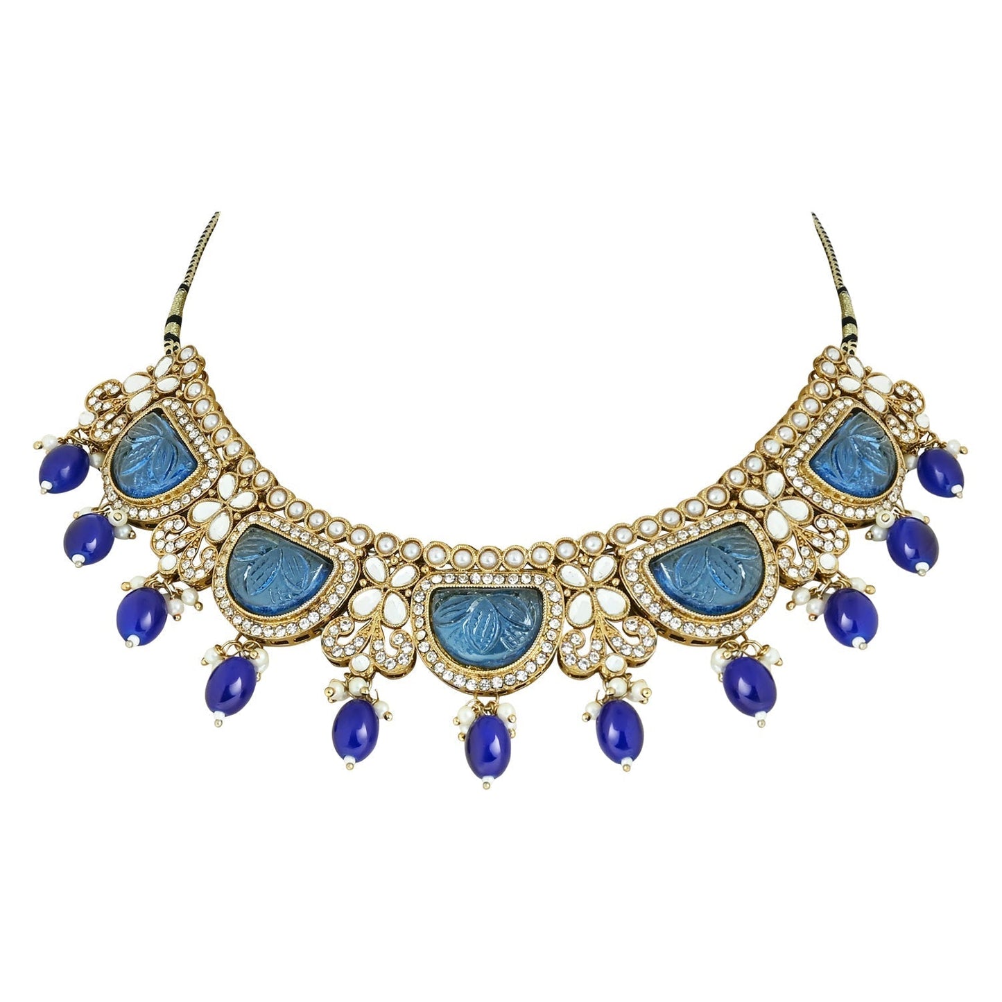 Gold-Polished Traditional Pearl Kundan & Stone Studded Jewellery Necklace Set with Maang Tikka for Women - Wahe Jewels - Swadesiicart