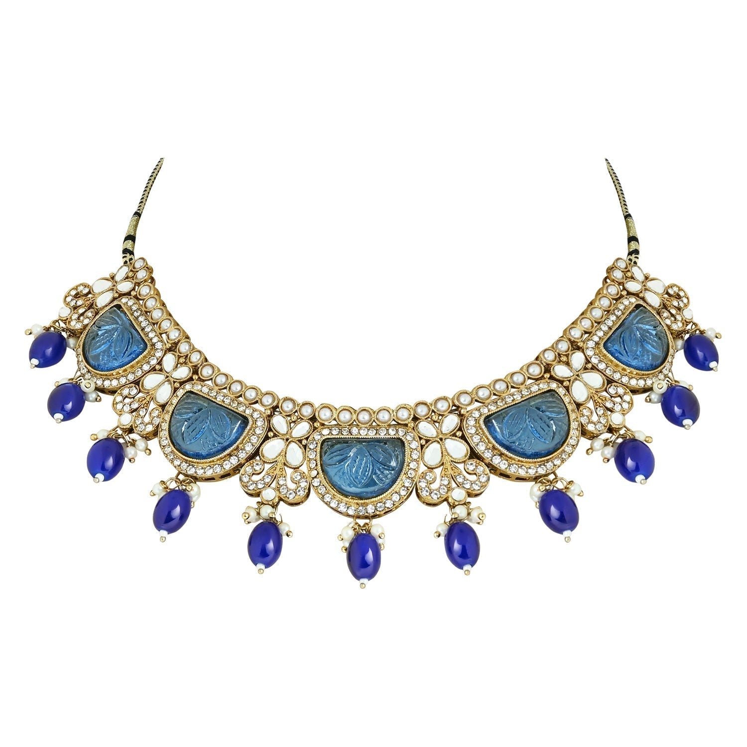 Gold-Polished Traditional Pearl Kundan & Stone Studded Jewellery Necklace Set with Maang Tikka for Women - Wahe Jewels - Swadesiicart