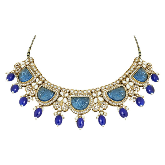 Gold-Polished Traditional Pearl Kundan & Stone Studded Jewellery Necklace Set with Maang Tikka for Women - Wahe Jewels - Swadesiicart