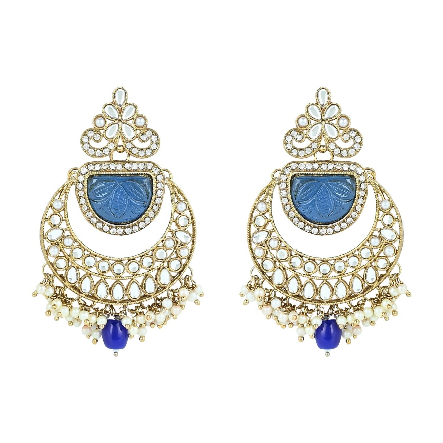 Gold-Polished Traditional Pearl Kundan & Stone Studded Jewellery Necklace Set with Maang Tikka for Women - Wahe Jewels - Swadesiicart