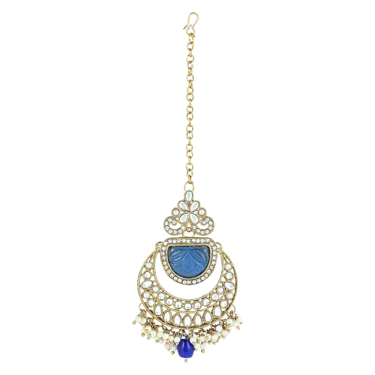 Gold-Polished Traditional Pearl Kundan & Stone Studded Jewellery Necklace Set with Maang Tikka for Women - Wahe Jewels - Swadesiicart
