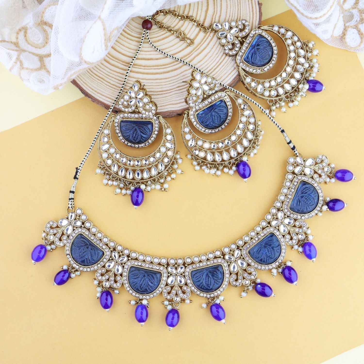 Gold-Polished Traditional Pearl Kundan & Stone Studded Jewellery Necklace Set with Maang Tikka for Women - Wahe Jewels - Swadesiicart