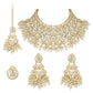 Gold-Polished Traditional Pearl Kundan Studded Floral Bridal Choker Necklace With Earring Maang Tikka & Finger Ring Set For Women And Girls - Wahe Jewels - Swadesiicart