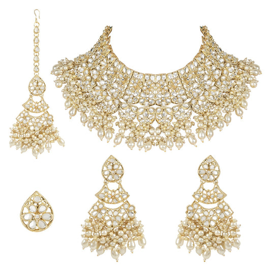Gold-Polished Traditional Pearl Kundan Studded Floral Bridal Choker Necklace With Earring Maang Tikka & Finger Ring Set For Women And Girls - Wahe Jewels - Swadesiicart