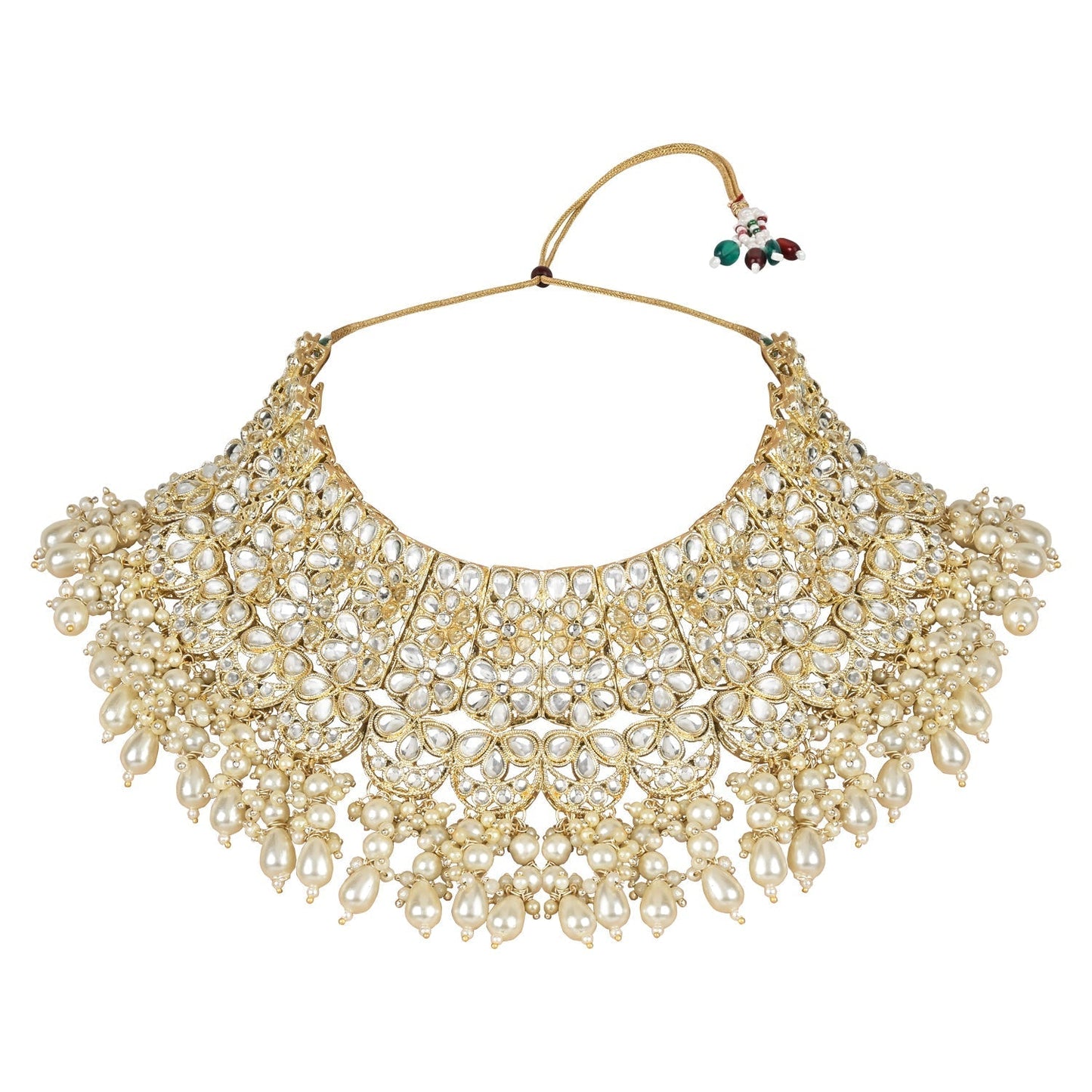 Gold-Polished Traditional Pearl Kundan Studded Floral Bridal Choker Necklace With Earring Maang Tikka & Finger Ring Set For Women And Girls - Wahe Jewels - Swadesiicart