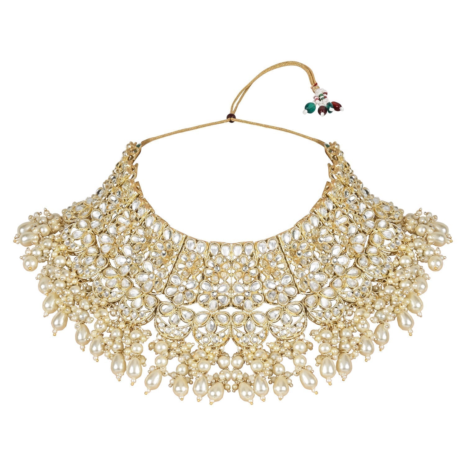 Gold-Polished Traditional Pearl Kundan Studded Floral Bridal Choker Necklace With Earring Maang Tikka & Finger Ring Set For Women And Girls - Wahe Jewels - Swadesiicart
