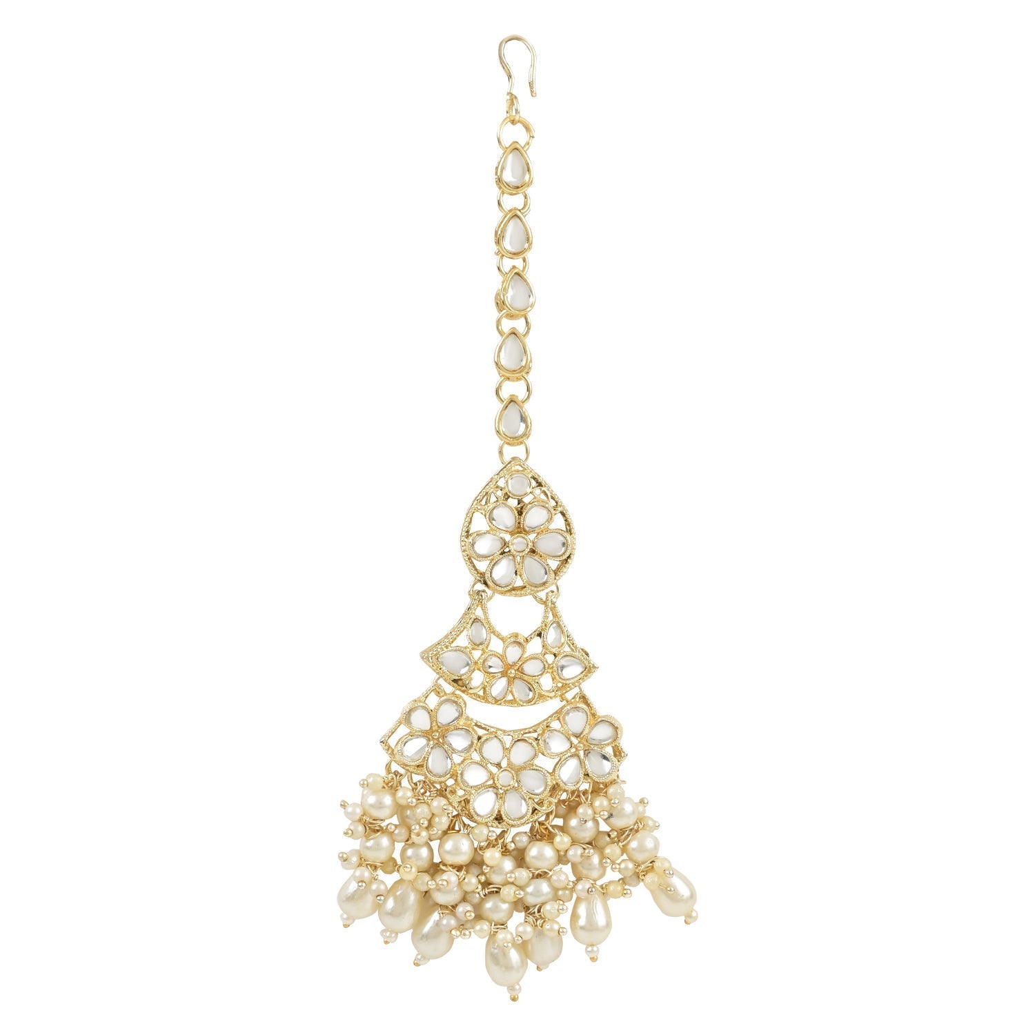 Gold-Polished Traditional Pearl Kundan Studded Floral Bridal Choker Necklace With Earring Maang Tikka & Finger Ring Set For Women And Girls - Wahe Jewels - Swadesiicart