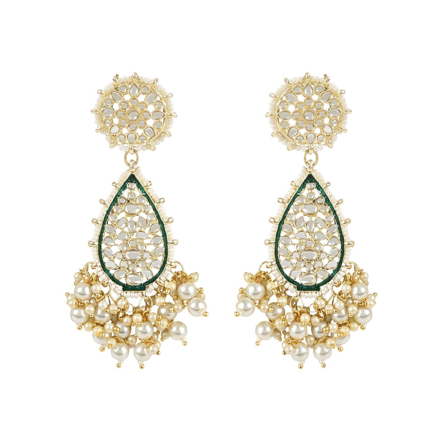 Gold-Polished Traditional Pearl Kundan Meenakari Floral Necklace With Earring Maang Tikka & Finger Ring Set For Women And Girls - Wahe Jewels - Swadesiicart