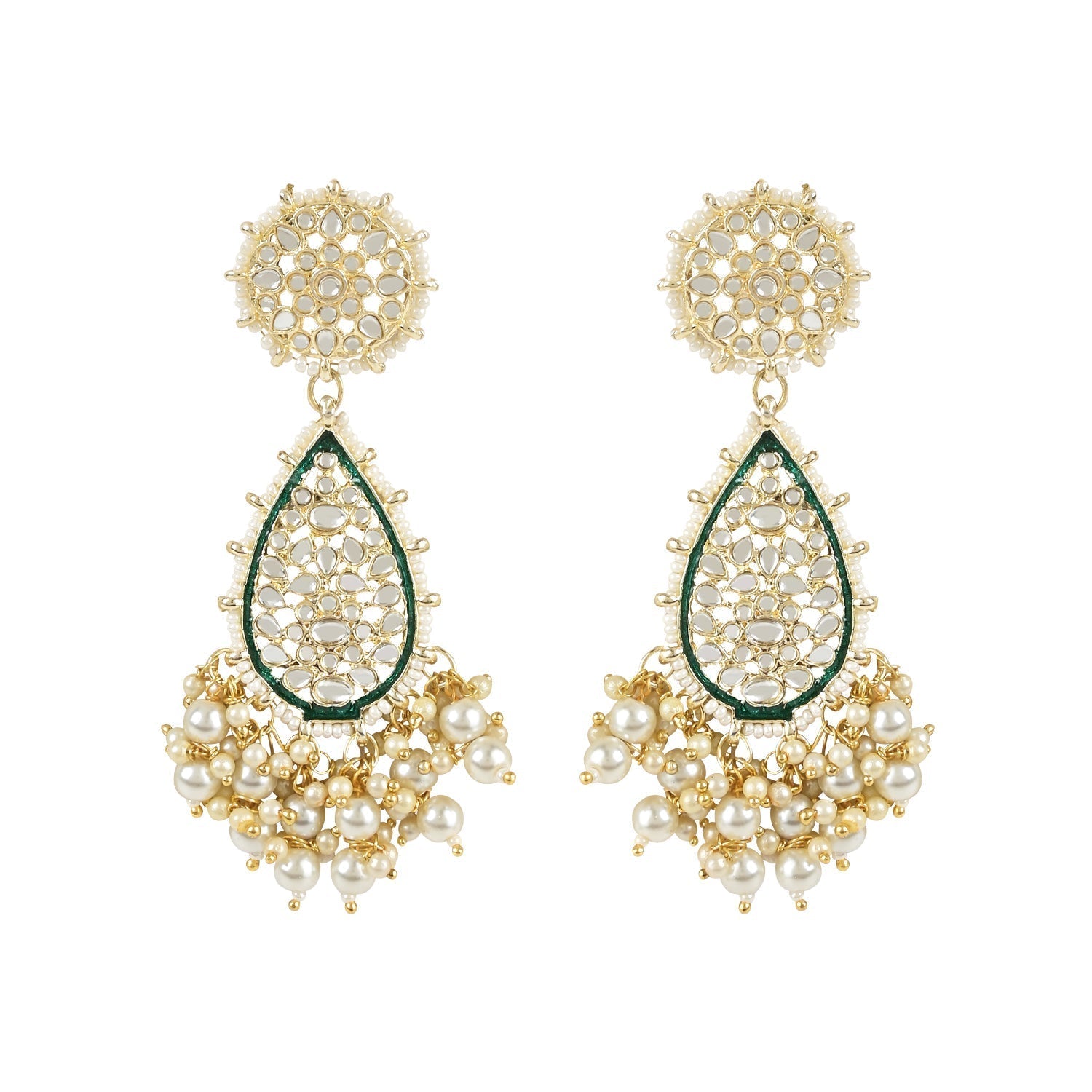 Gold-Polished Traditional Pearl Kundan Meenakari Floral Necklace With Earring Maang Tikka & Finger Ring Set For Women And Girls - Wahe Jewels - Swadesiicart