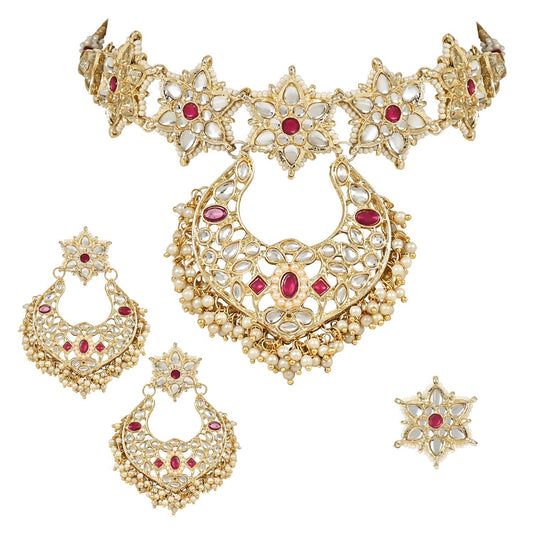 Gold-Polished Traditional Handcrafted Stone Studded Pearl Choker Necklace Jewellery Set With Earrings & Finger ring For Women And Girls - Wahe Jewels - Swadesiicart
