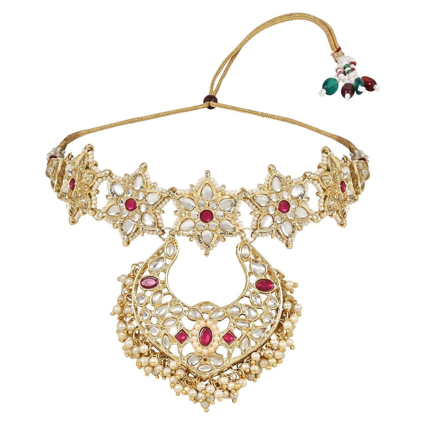 Gold-Polished Traditional Handcrafted Stone Studded Pearl Choker Necklace Jewellery Set With Earrings & Finger ring For Women And Girls - Wahe Jewels - Swadesiicart