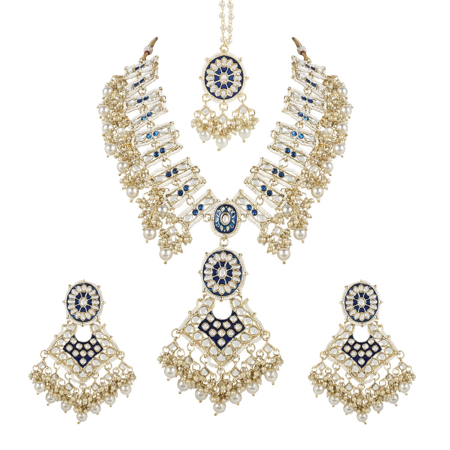 Gold-Polished Traditional Pearl Kundan Studded Meenakari Necklace With Earring Maang Tikka Set For Women And Girls - Wahe Jewels - Swadesiicart