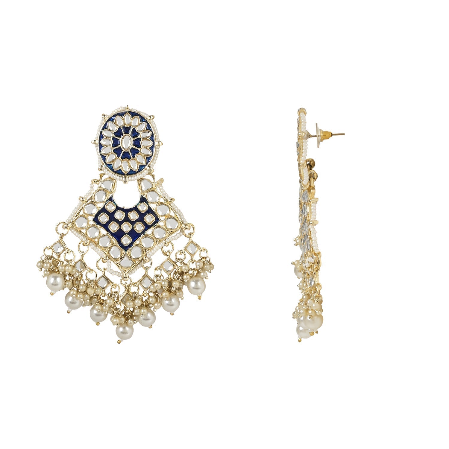 Gold-Polished Traditional Pearl Kundan Studded Meenakari Necklace With Earring Maang Tikka Set For Women And Girls - Wahe Jewels - Swadesiicart