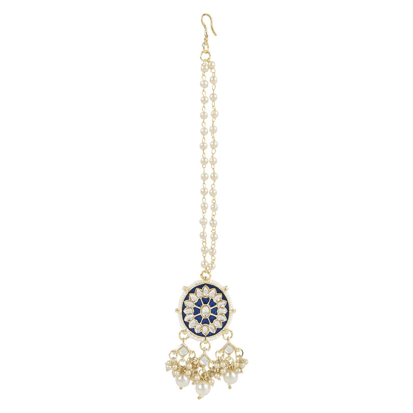 Gold-Polished Traditional Pearl Kundan Studded Meenakari Necklace With Earring Maang Tikka Set For Women And Girls - Wahe Jewels - Swadesiicart