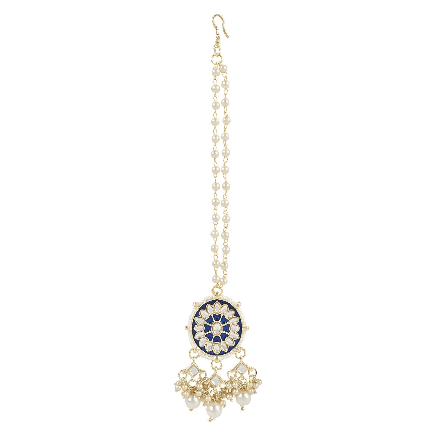 Gold-Polished Traditional Pearl Kundan Studded Meenakari Necklace With Earring Maang Tikka Set For Women And Girls - Wahe Jewels - Swadesiicart