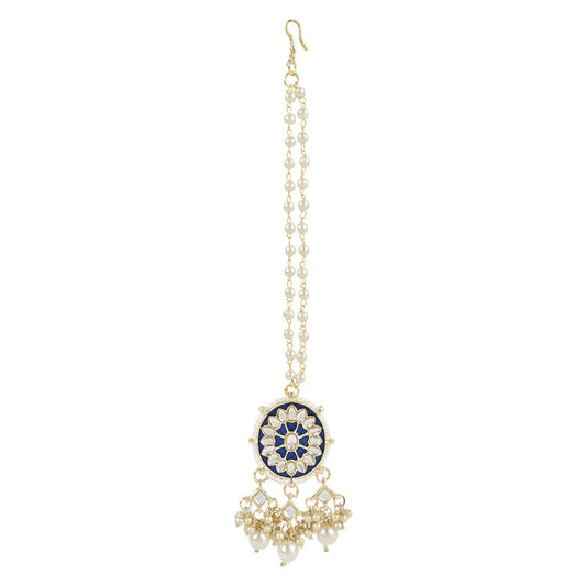 Gold-Polished Traditional Pearl Kundan Studded Meenakari Necklace With Earring Maang Tikka Set For Women And Girls - Wahe Jewels - Swadesiicart