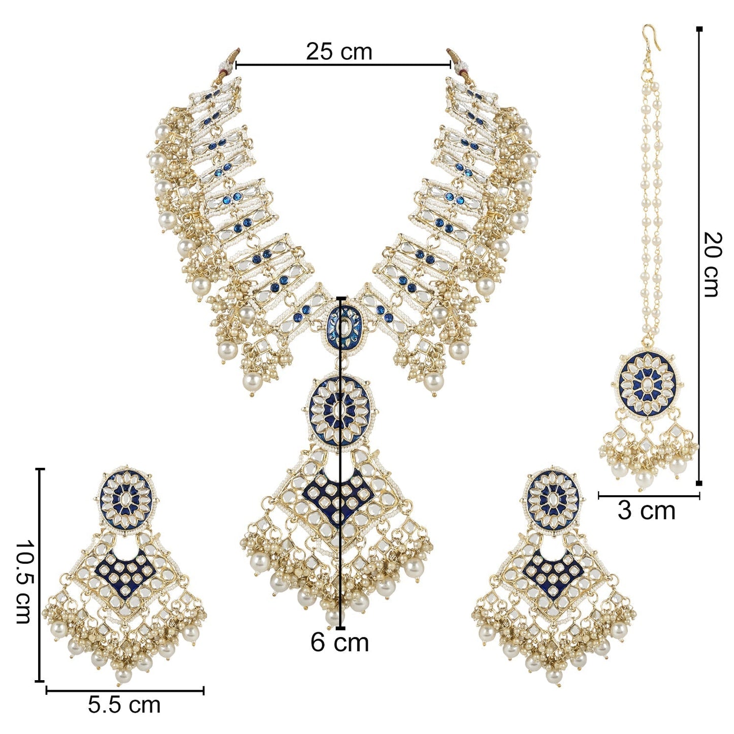 Gold-Polished Traditional Pearl Kundan Studded Meenakari Necklace With Earring Maang Tikka Set For Women And Girls - Wahe Jewels - Swadesiicart