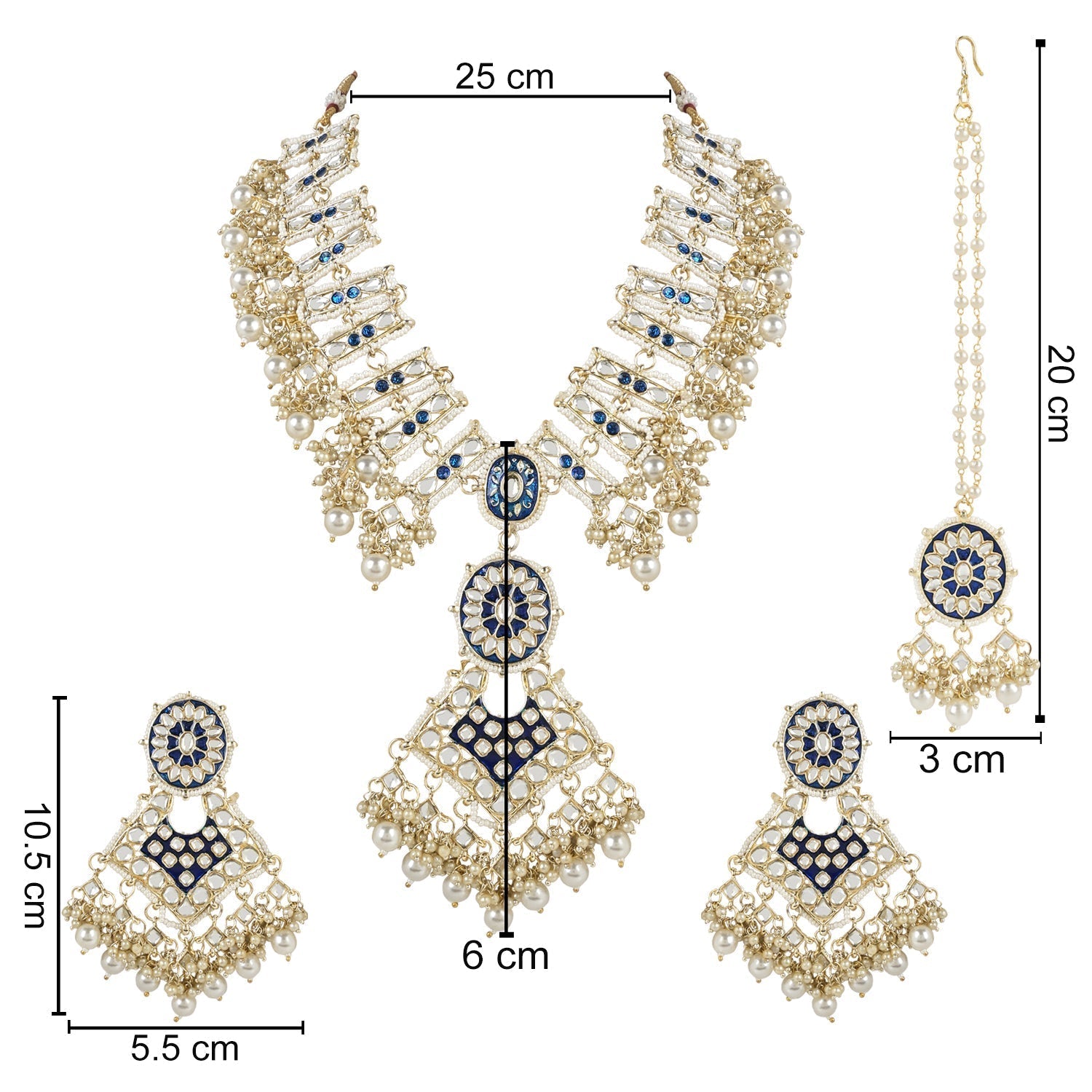 Gold-Polished Traditional Pearl Kundan Studded Meenakari Necklace With Earring Maang Tikka Set For Women And Girls - Wahe Jewels - Swadesiicart