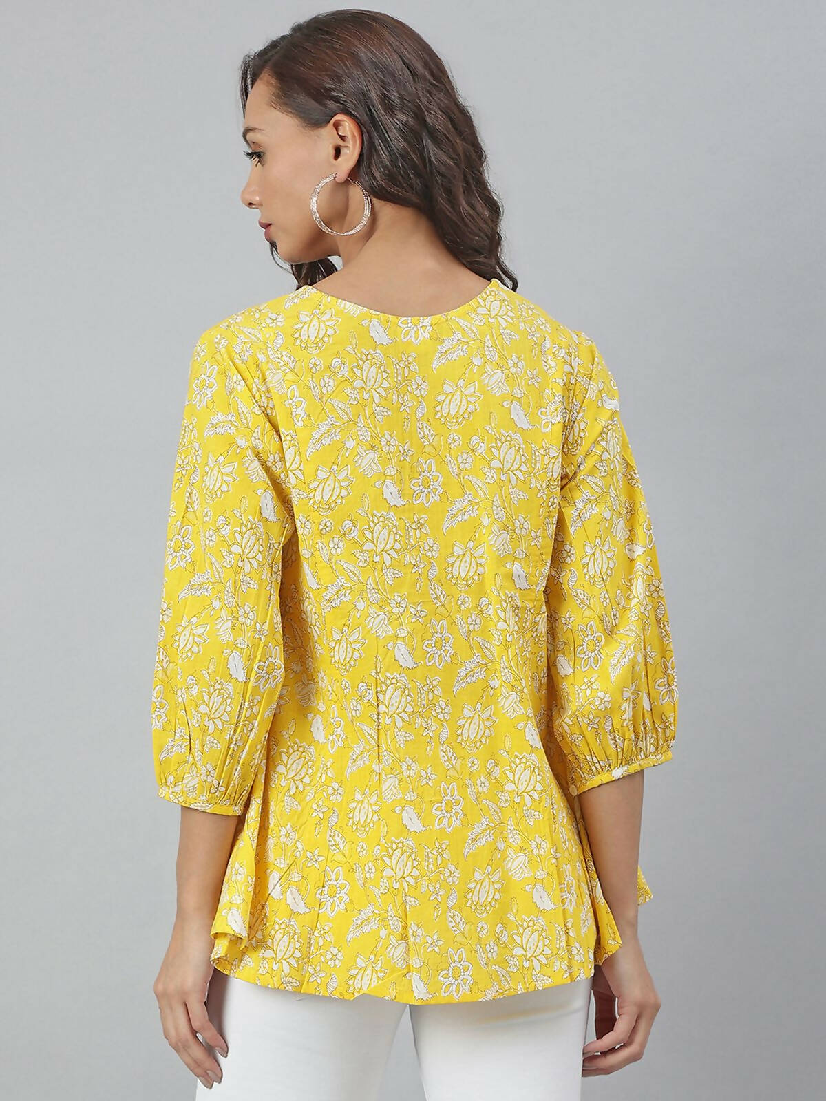 Janasya Women's Yellow Cotton Floral Print Flared Top | Swadesiicart