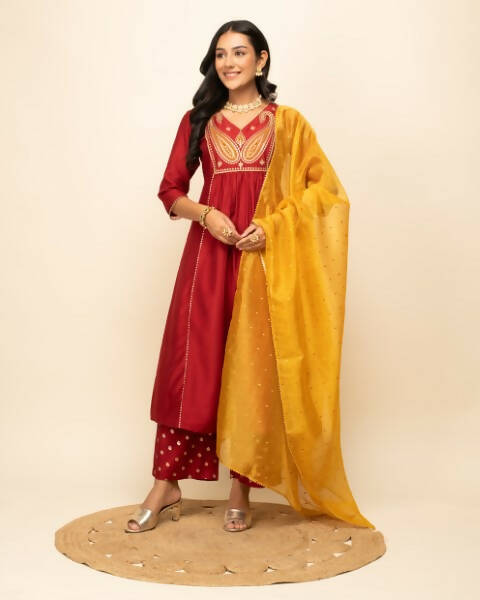 FIORRA Women's Red Silk Blend A-Line Kurta Palazzo Set With Dupatta - Swadesiicart