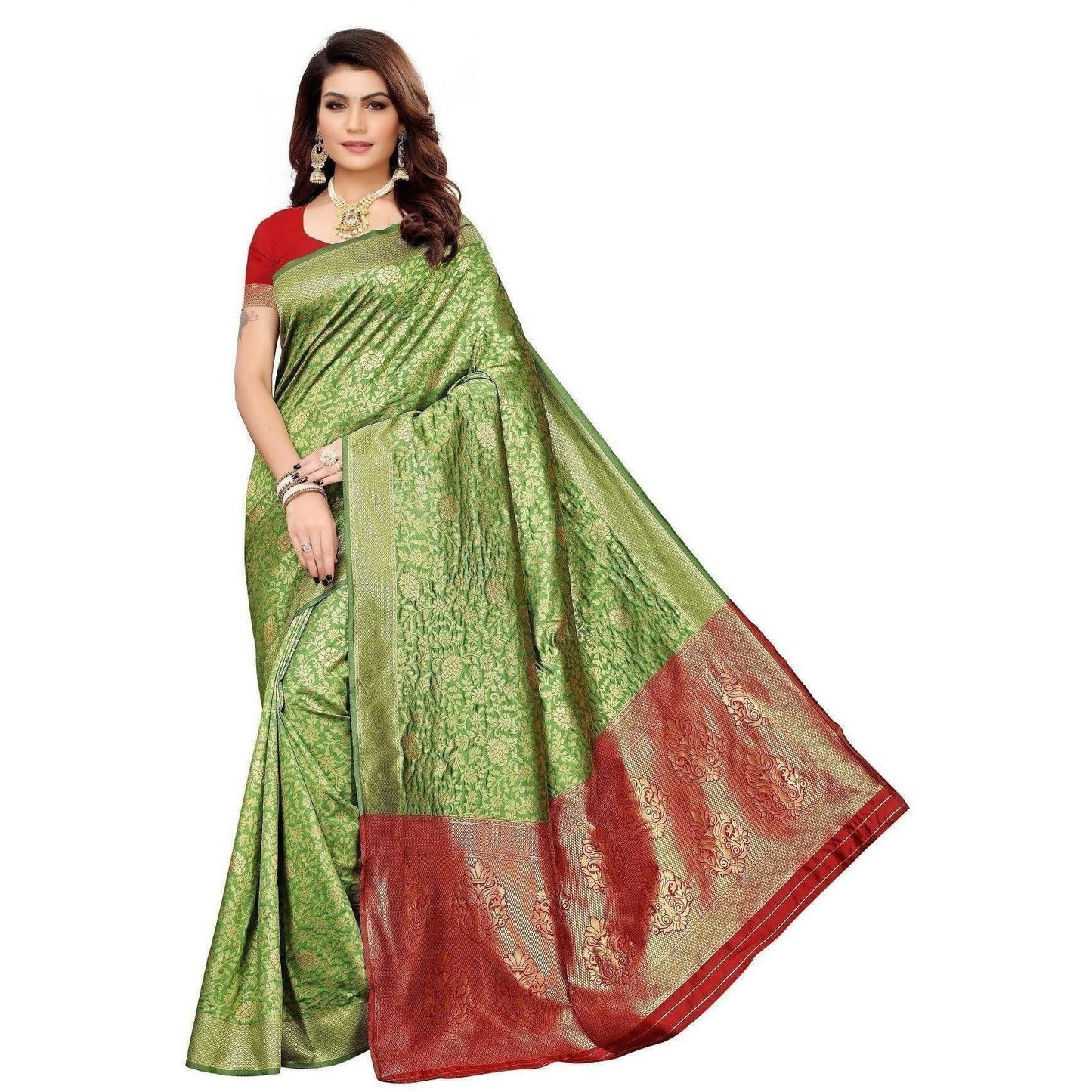 Vamika Banarasi Jaquard Mehandi Green Weaving Saree (BANARASI 08) | Swadesiicart
