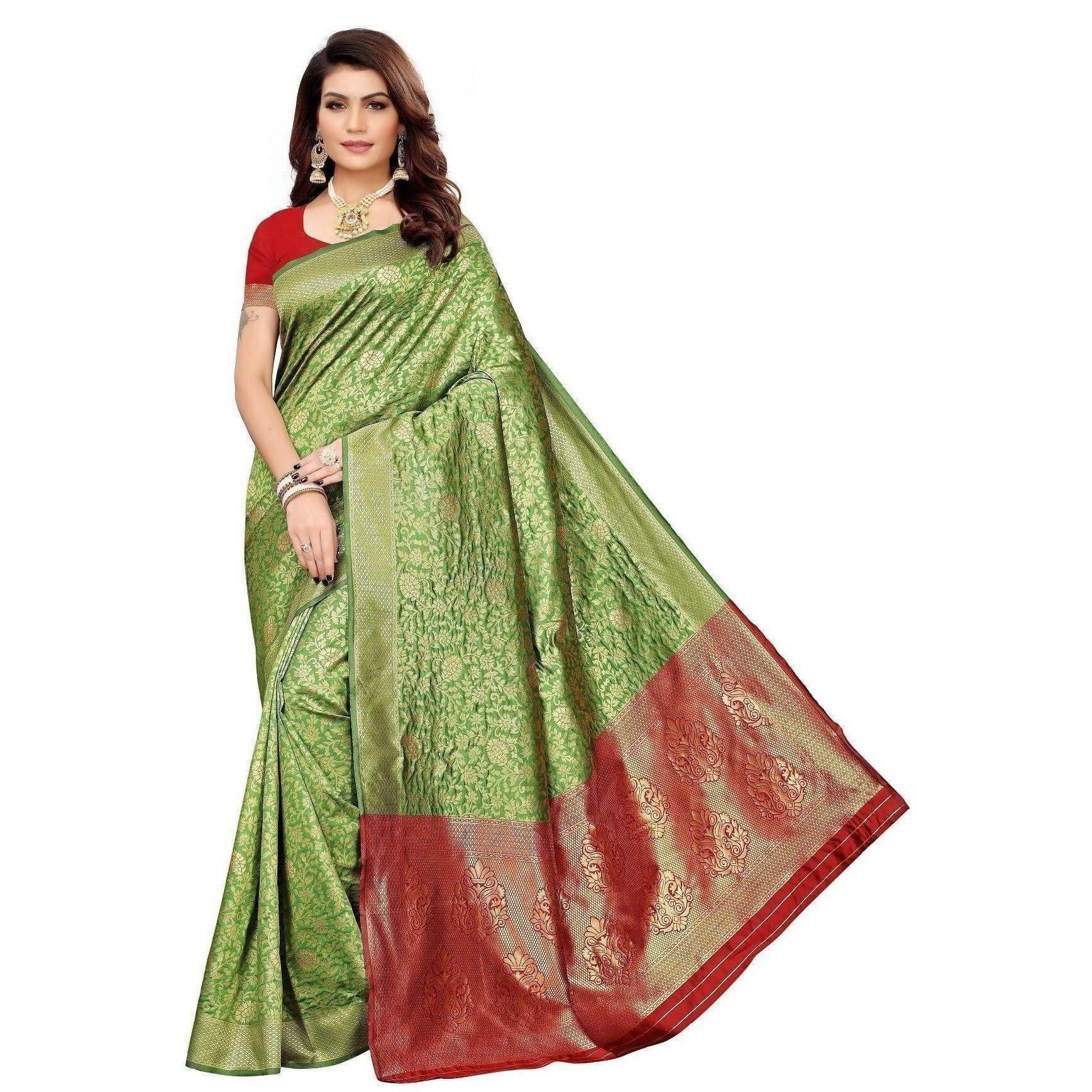 Vamika Banarasi Jaquard Mehandi Green Weaving Saree (BANARASI 08) | Swadesiicart
