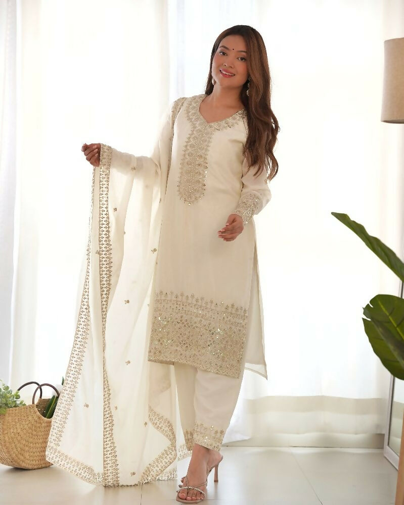 Joban Fashion White Kurta Set Silk Sequence Embroidery Work - Swadesiicart