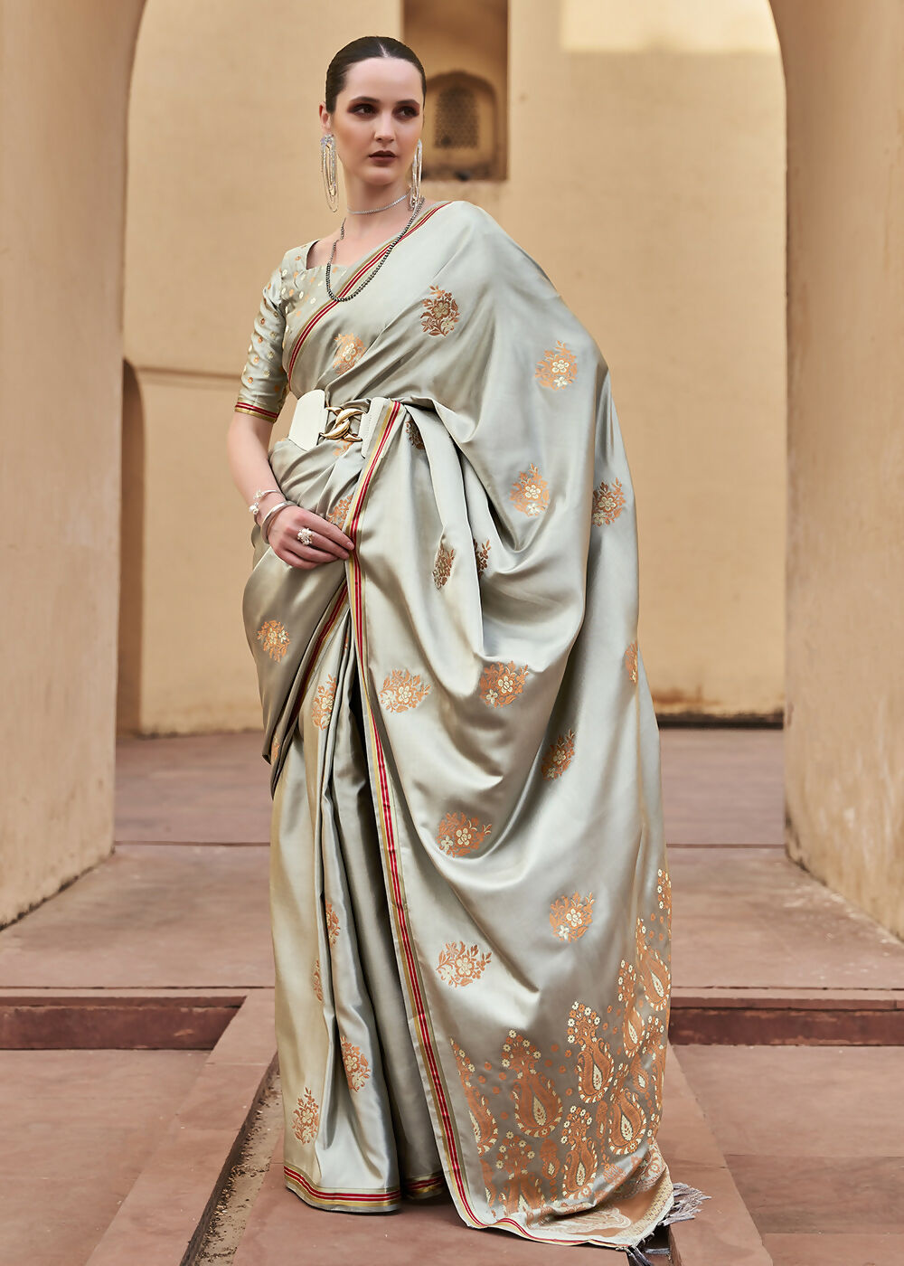 Dusty Grey Pure Satin Zari Weaving Wedding Festive Saree - Emponline | Swadesiicart