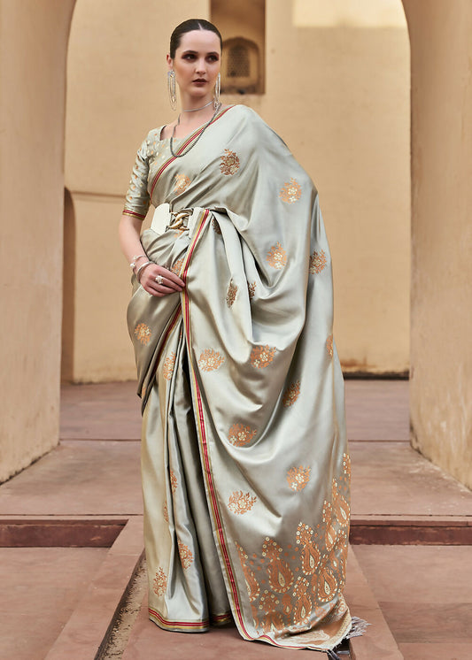 Dusty Grey Pure Satin Zari Weaving Wedding Festive Saree - Emponline | Swadesiicart