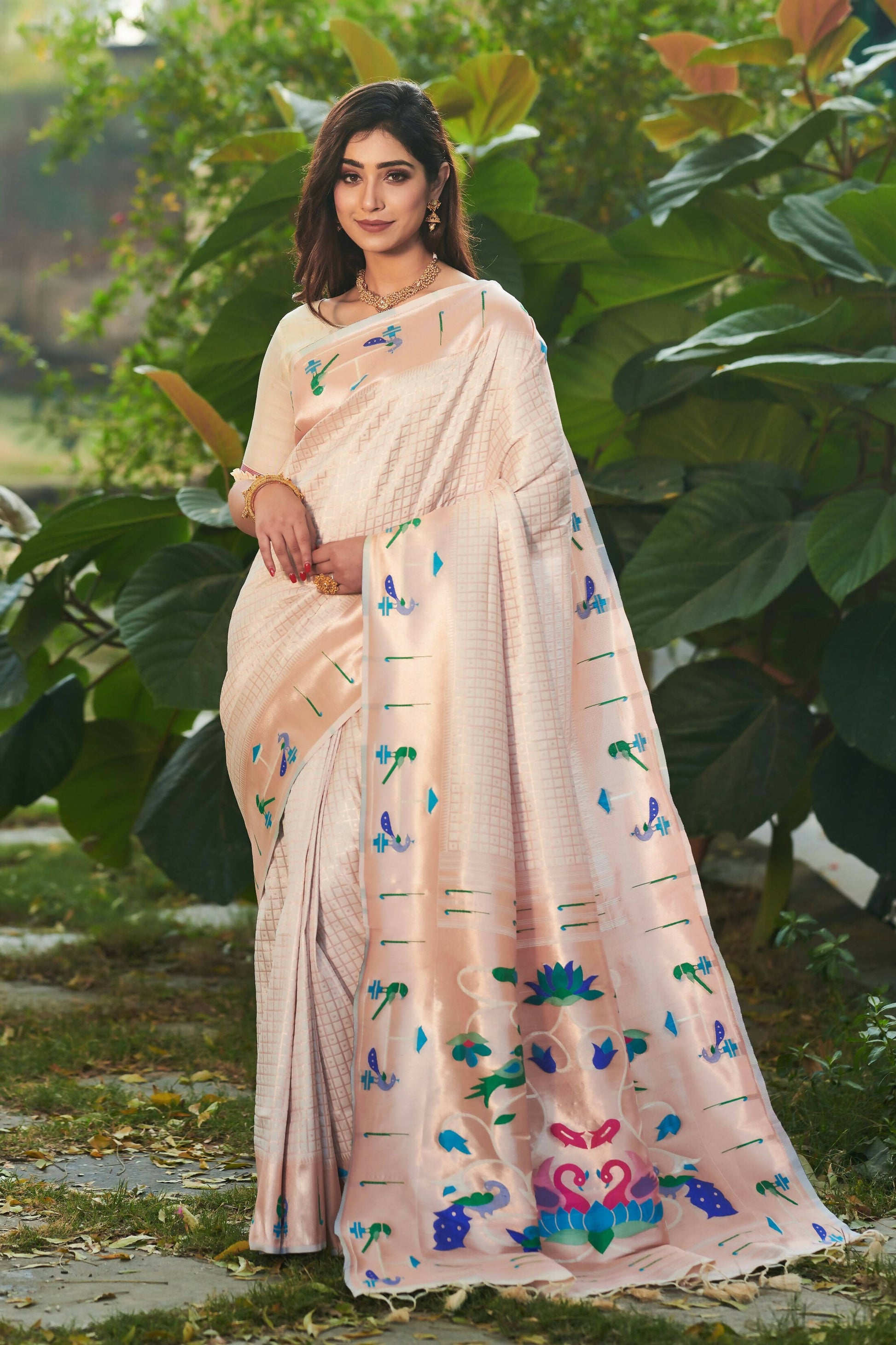 Vishnu Weaves Women's Off White Paithani Silk Minakari Zari Woven Saree with Unstitched Blouse - Swadesiicart