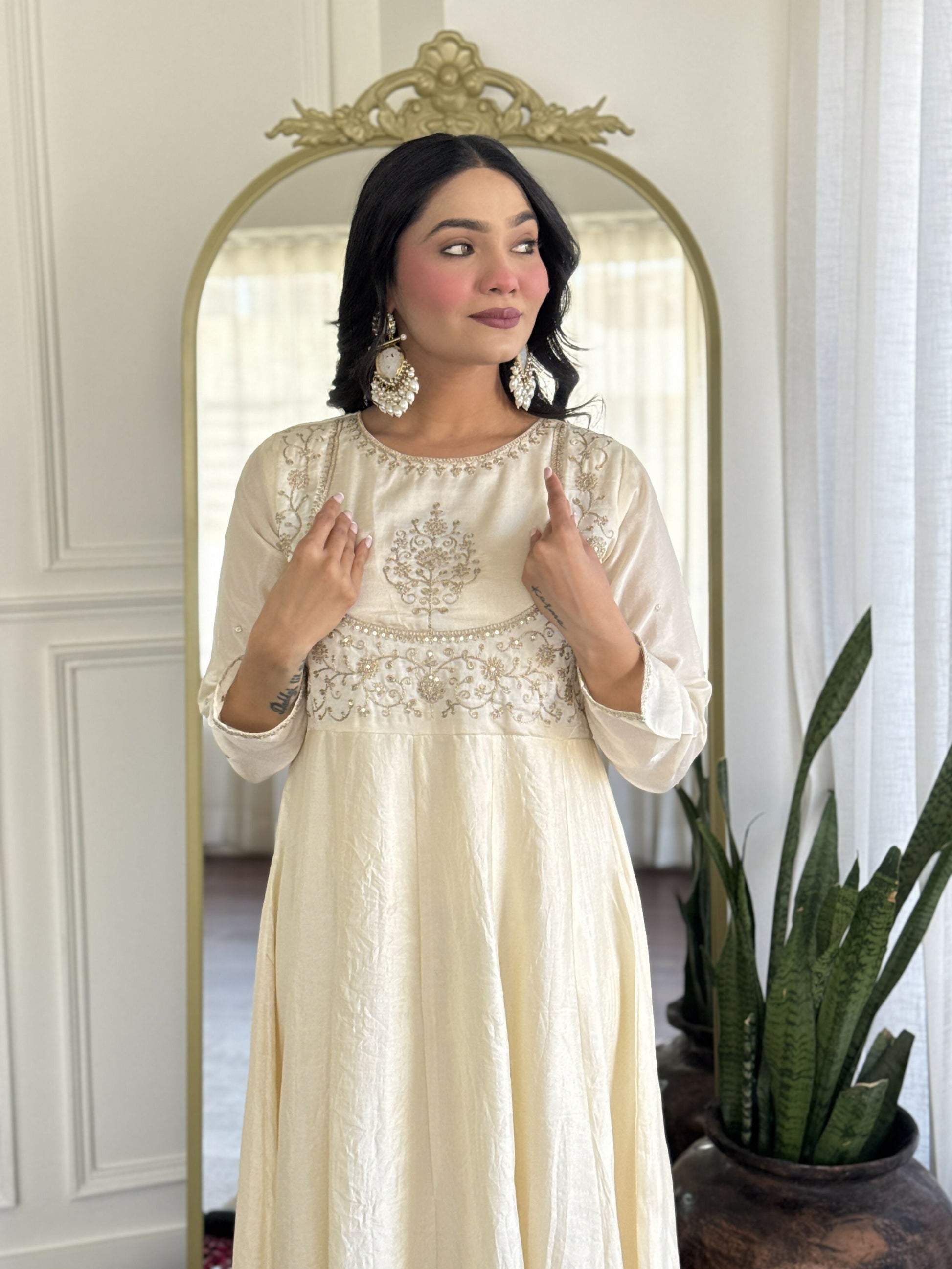 The52 CreamWomen's Gorgeous Embroidered Vichitra Silk Fabric Flared Kurta Pant with Dupatta Set - Swadesiicart