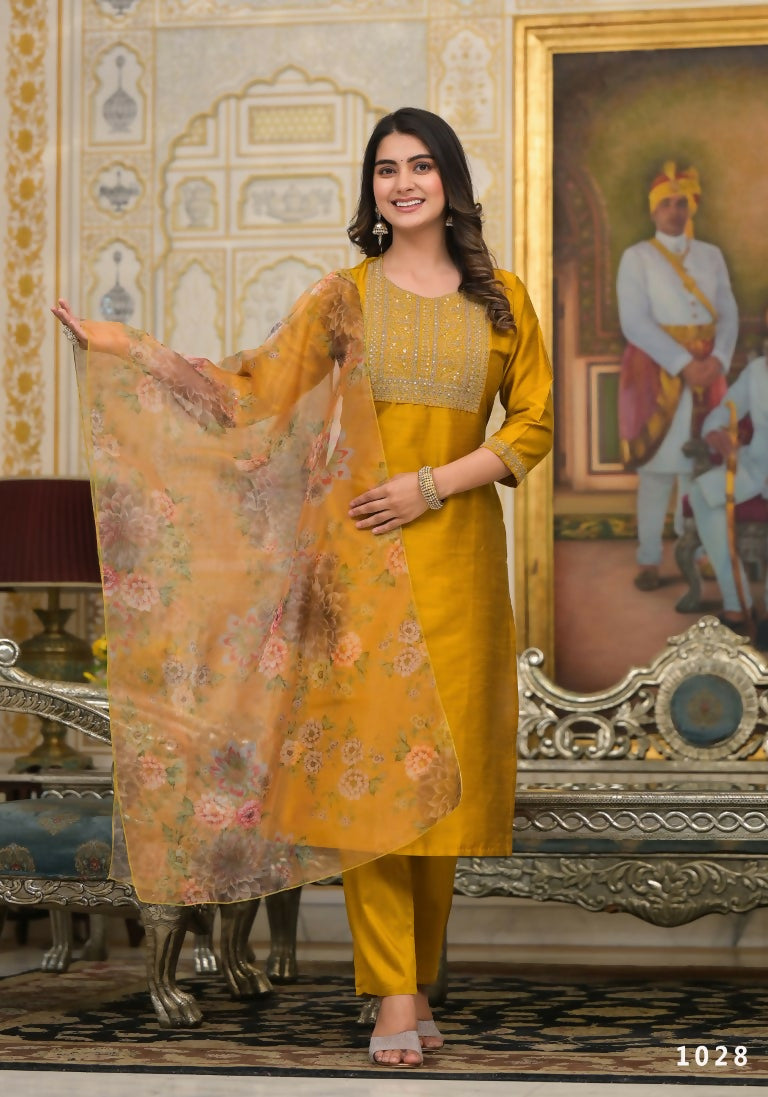 Partywear Designer Musted Yellow Poly Silk fabric Stitched Suit With Dupatta - Tanisha | Swadesiicart