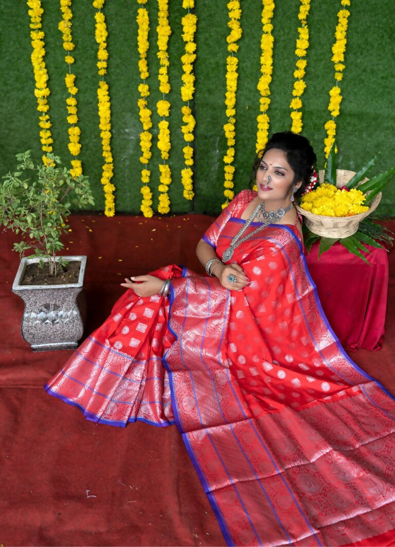 Jyoti Fashion Women's Red Soft Handloom Silk Zari Woven Saree with Blouse | Swadesiicart