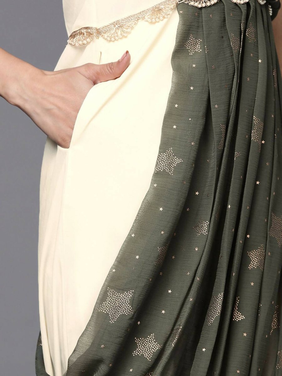 Ahalyaa Off White & Olive Green Ethnic Maxi Dress with Attached Dupatta | Swadesiicart