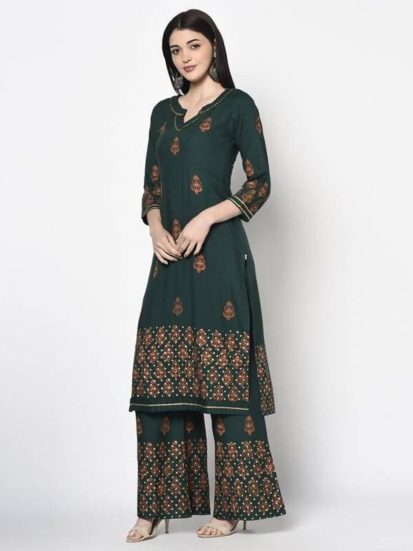 Aniyah Rayon Bottle Green Block Print Straight Kurta (AN-218K) - Swadesiicart